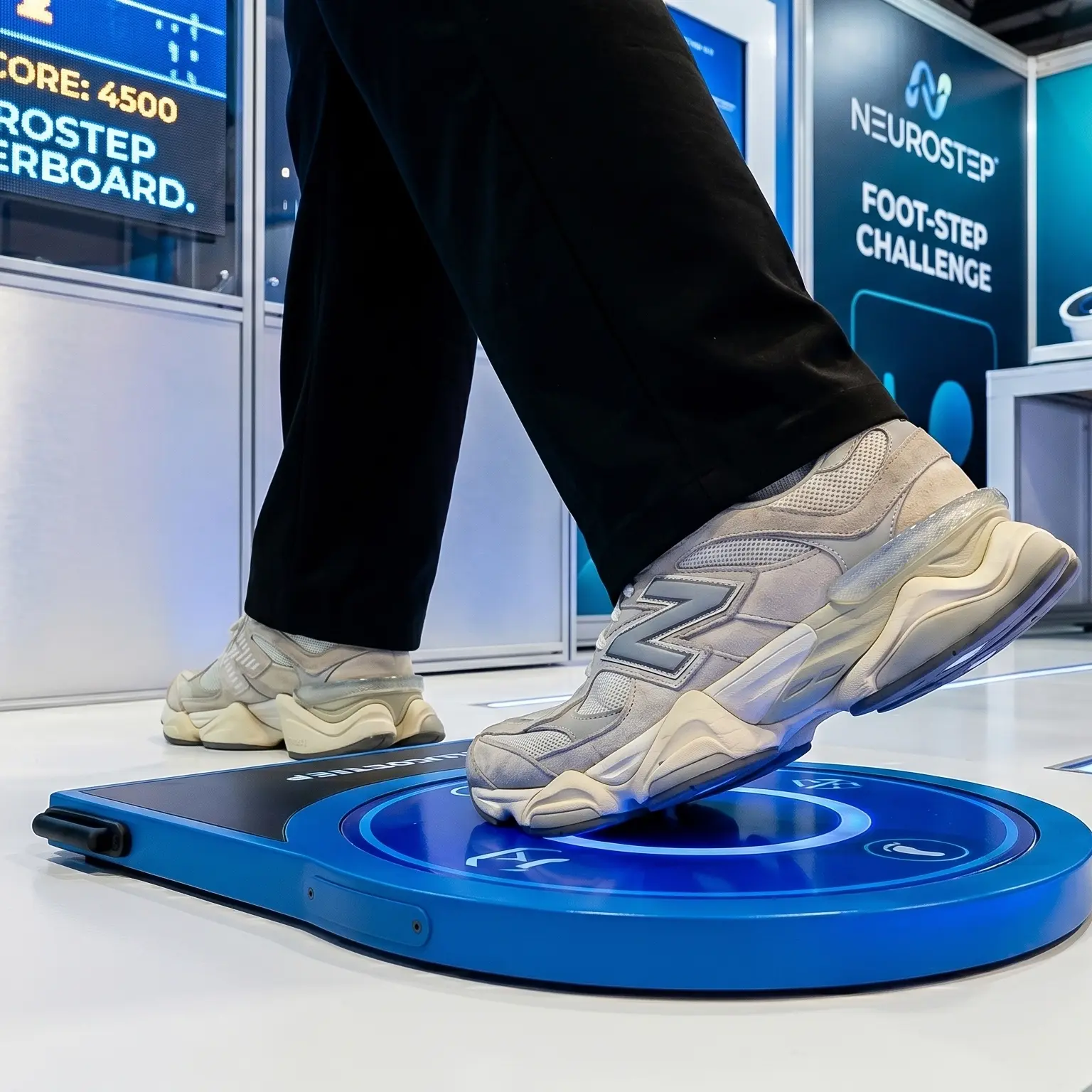 Guests playing the Interactive Camel Race in Dubai, running on custom foot pads to make digital camels sprint across a massive LED screen at a live event.